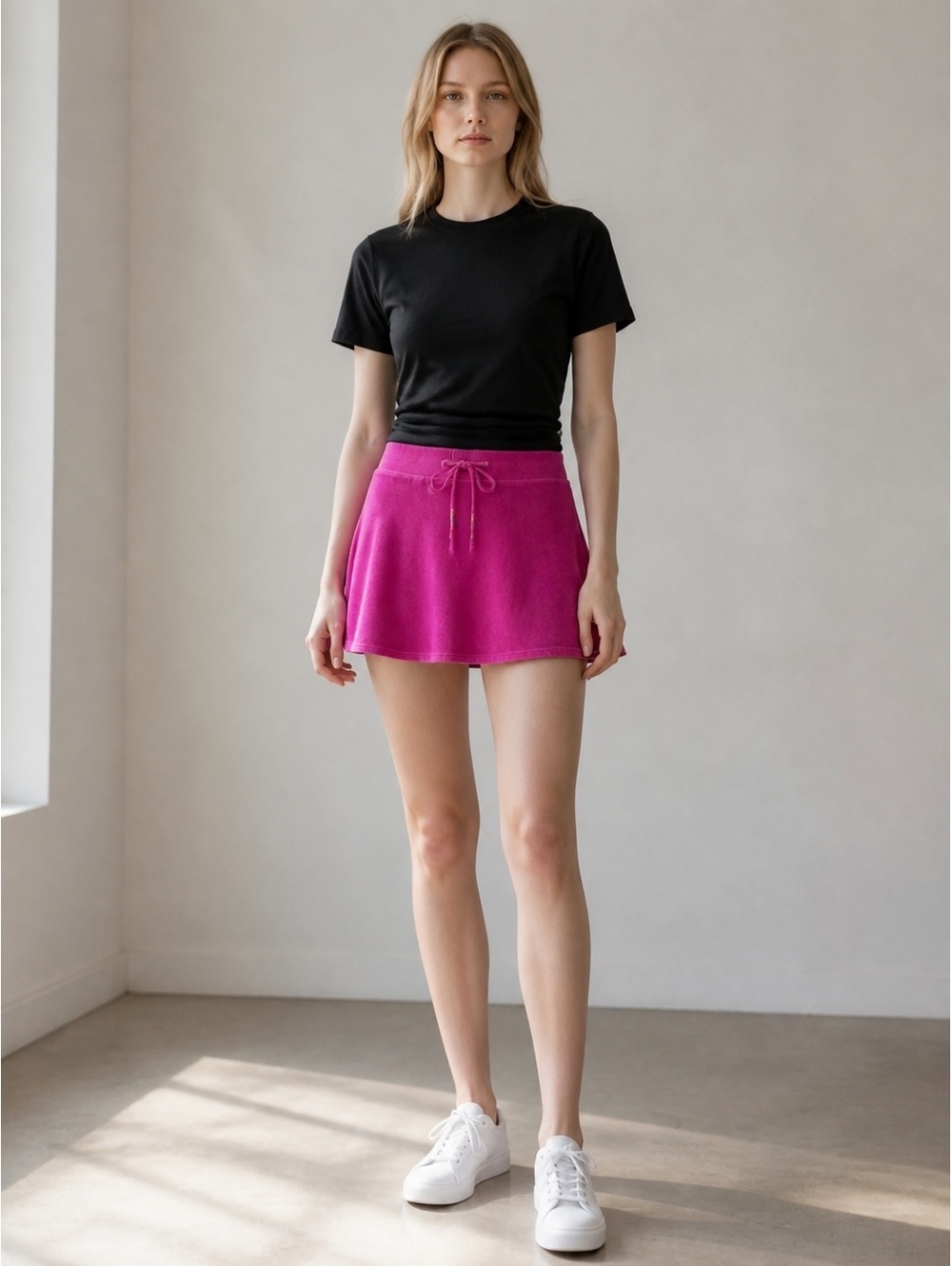 #600 Women's Pink Terry Cloth Mini Skirt with Drawstring Waist